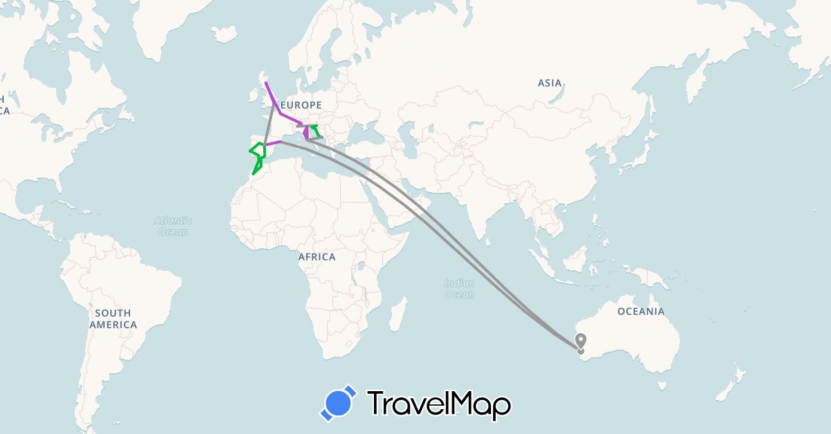 TravelMap itinerary: driving, bus, plane, train in Australia, Switzerland, Spain, France, United Kingdom, Croatia, Italy, Morocco, Portugal (Africa, Europe, Oceania)